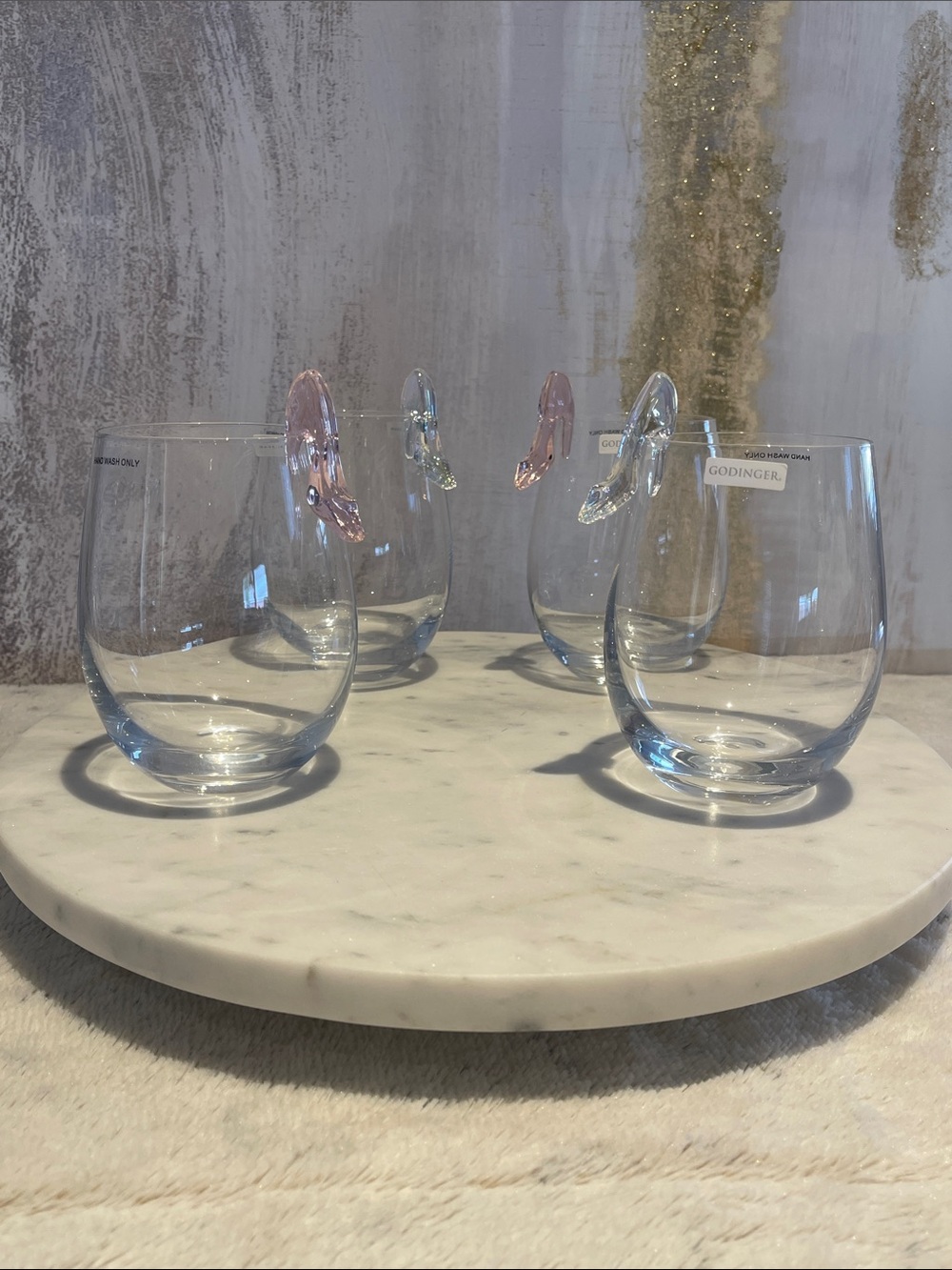 Godinger Clear Stemless Wine Glasses with Pink Accent - Set of 4